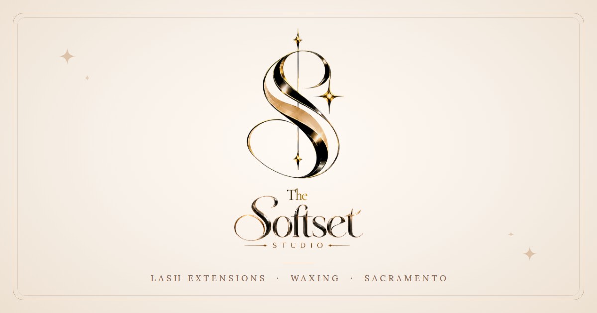 The Softset Studio logo: a gold S above the words lash extensions, waxing, Sacramento
